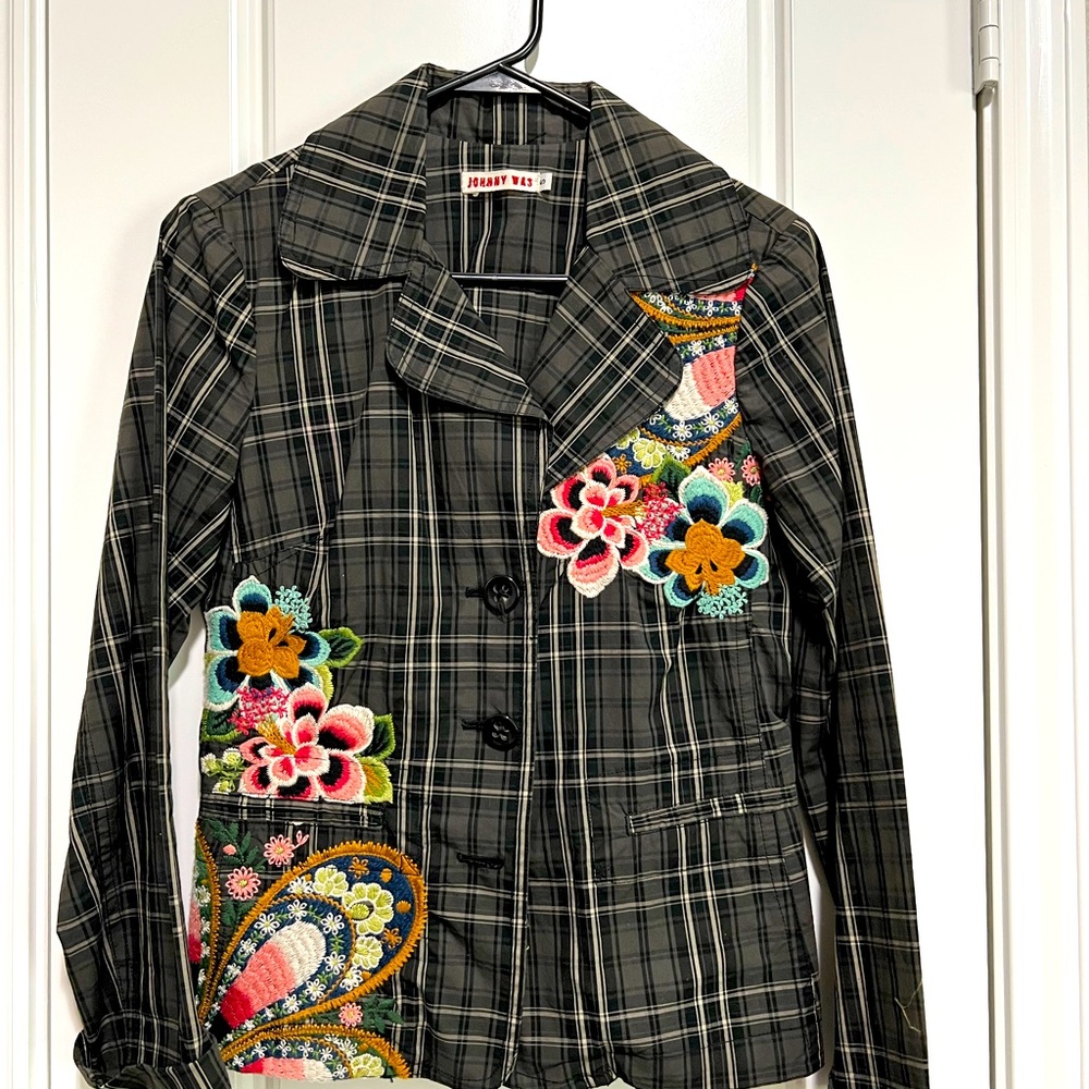 Johnny Was Black Plaid Floral Embroidered Blazer szS